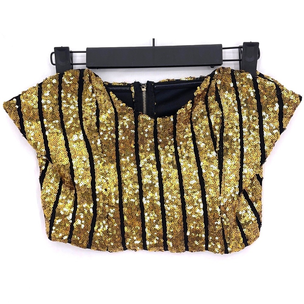 Gold Sequin Stripe Tube Top M Cropped Boned Glam Rave Y2K New Years Eve Party